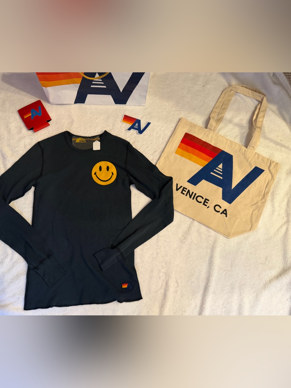 NWT Aviator Nation Smiley 2 Thermal Long Sleeve Size XS Black + Tote Bag